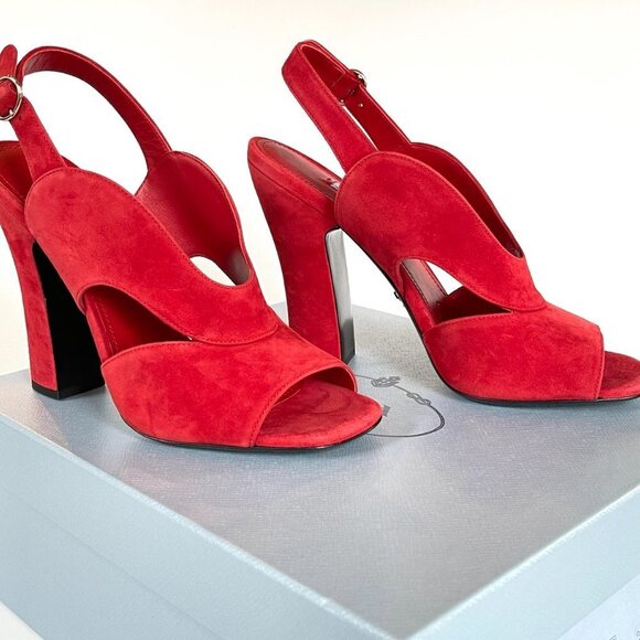 Prada Collection 1X890L Comoscio Women's Red Suede High Heel Pumps Shoes - Picture 4 of 13